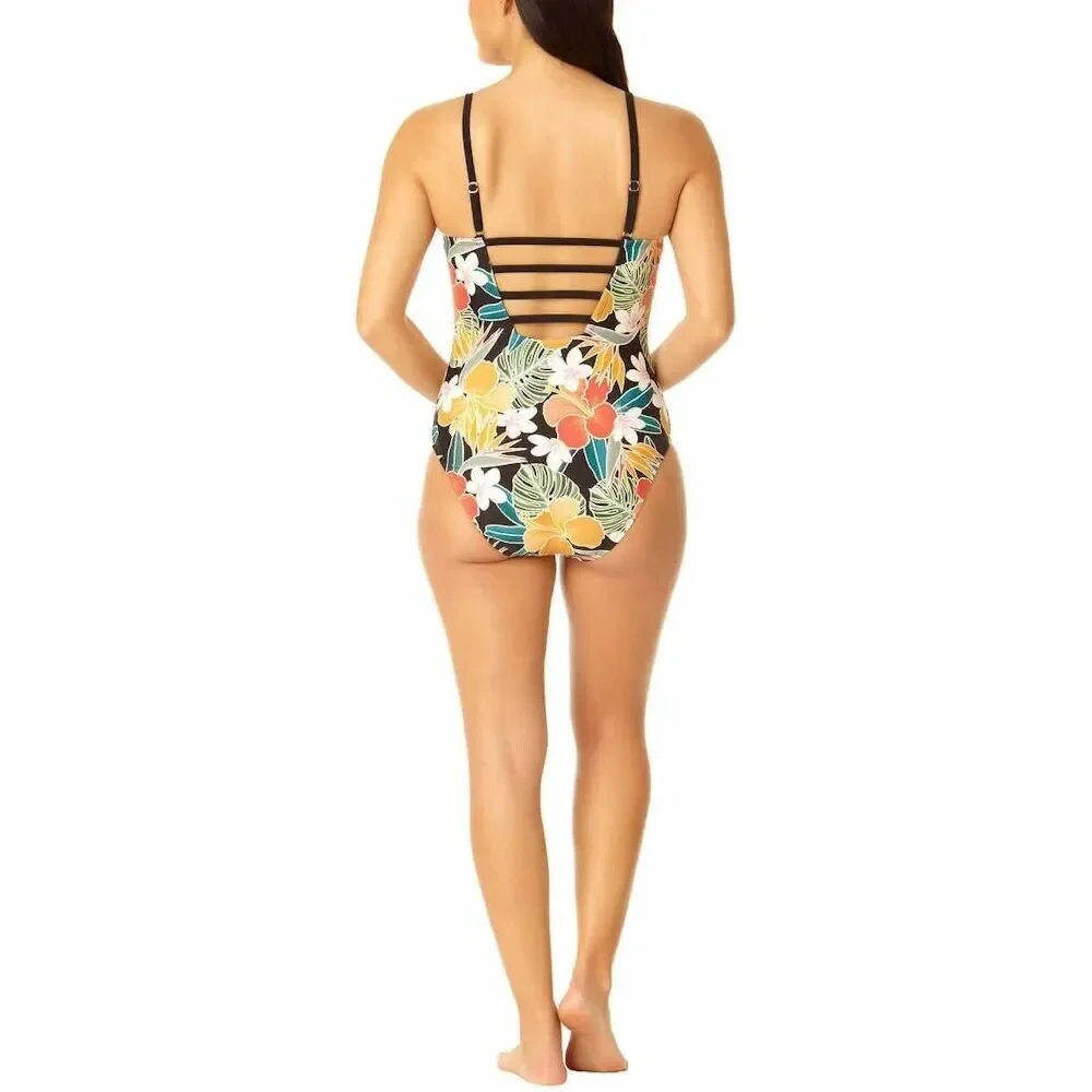 💐 NEW Hurley L One Piece Swimsuit Tropical Floral Coral Teal Gold Black NWT - Picture 3 of 13